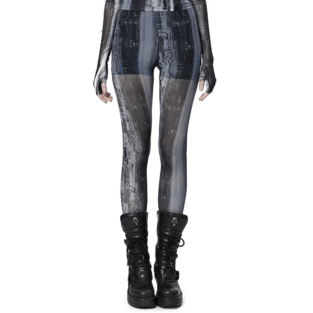Distressed Cyberpunk leggings in mesh techwear style, featuring a post-apocalyptic aesthetic and sleek design.