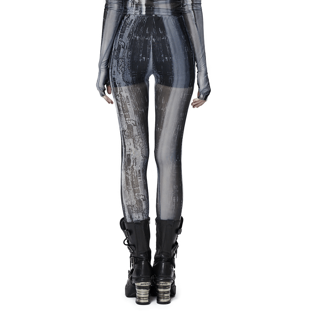 Back view of Distressed Cyberpunk Leggings showcasing mesh techwear style with striking post-apocalyptic aesthetic.