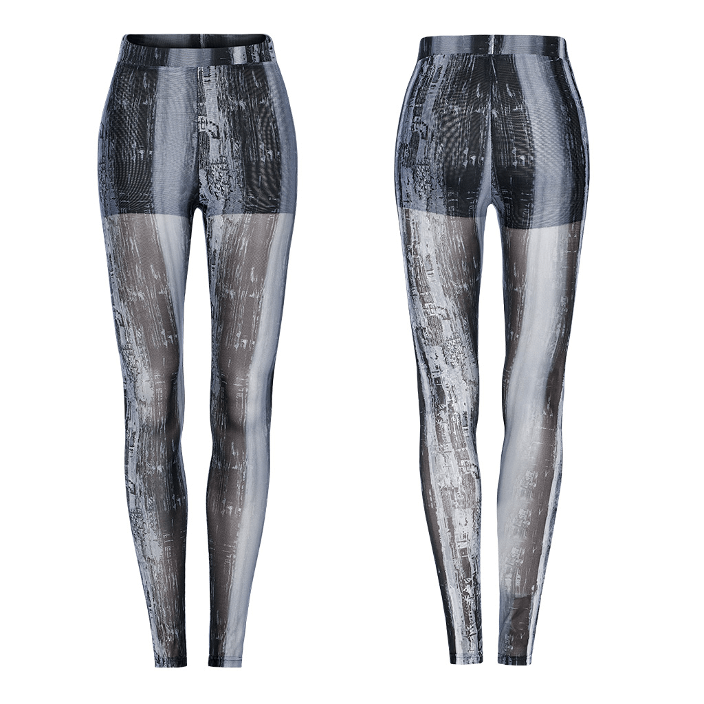 Distressed cyberpunk leggings in mesh techwear style, featuring a unique post-apocalyptic design and high-quality elastic material.