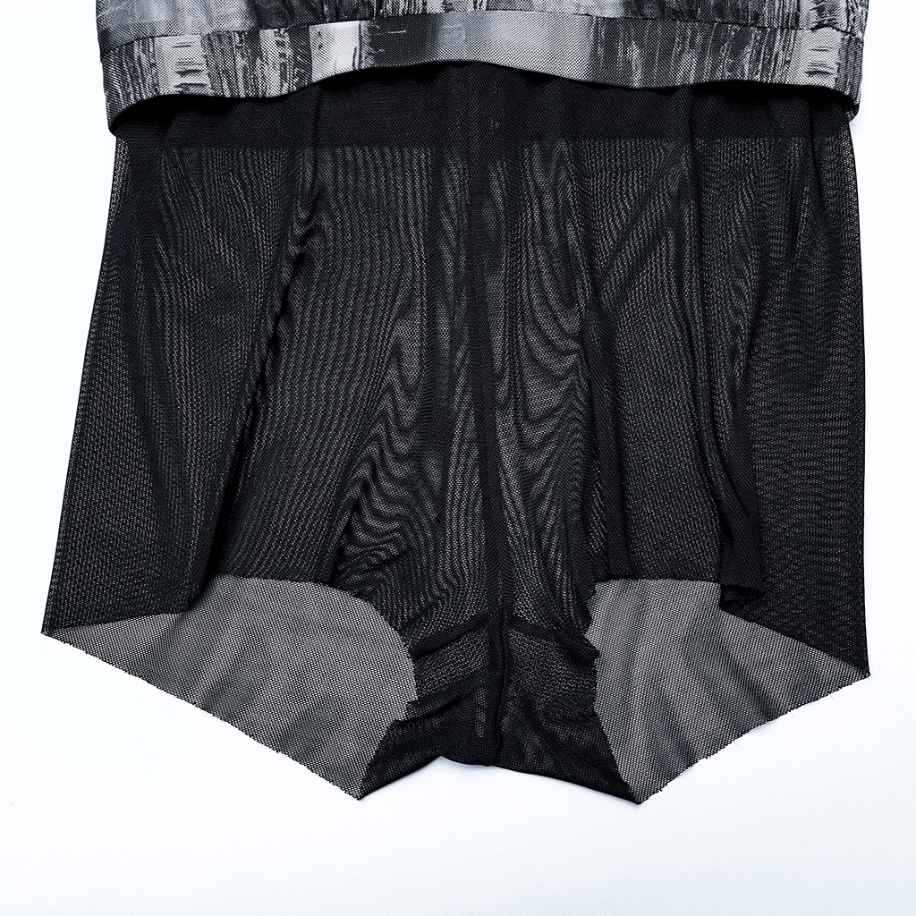 Distressed cyberpunk leggings in black mesh with unique waistband design, showcasing a techwear style.