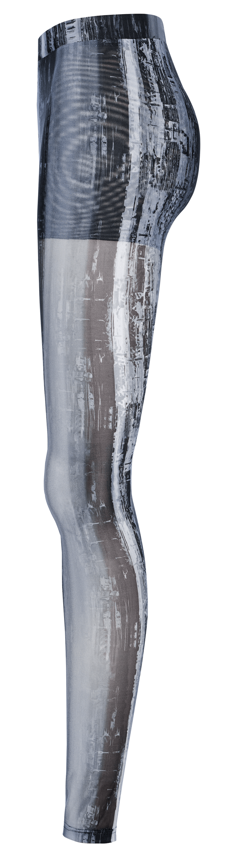 Distressed Cyberpunk Leggings in mesh fabric, showcasing a post-apocalyptic aesthetic with striking futuristic design.