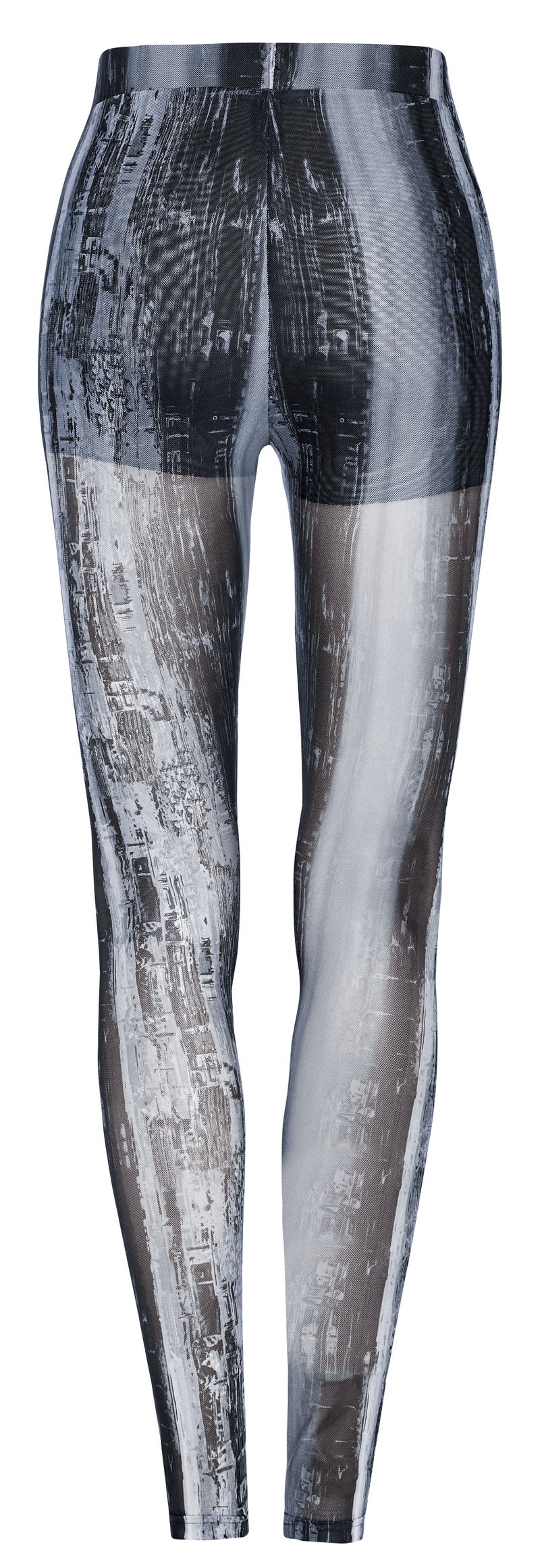 Distressed cyberpunk leggings featuring a striking mesh design and post-apocalyptic aesthetic for a unique techwear style.