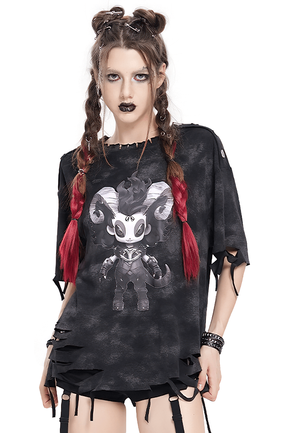 Distressed oversized demon graphic t-shirt with rips and side ties, perfect for alternative streetwear.
