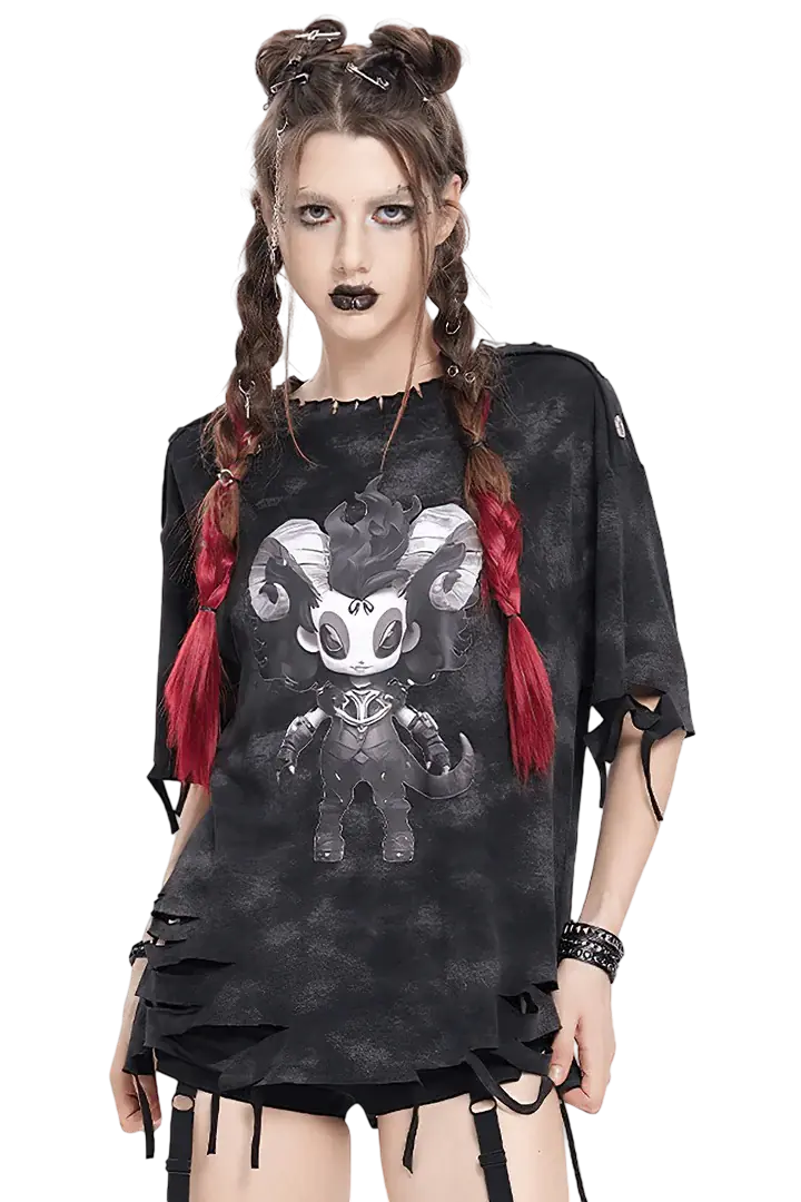 Black Distressed Graphic T-Shirt with Ripped Hem and Tie Details for Gothic Styling.