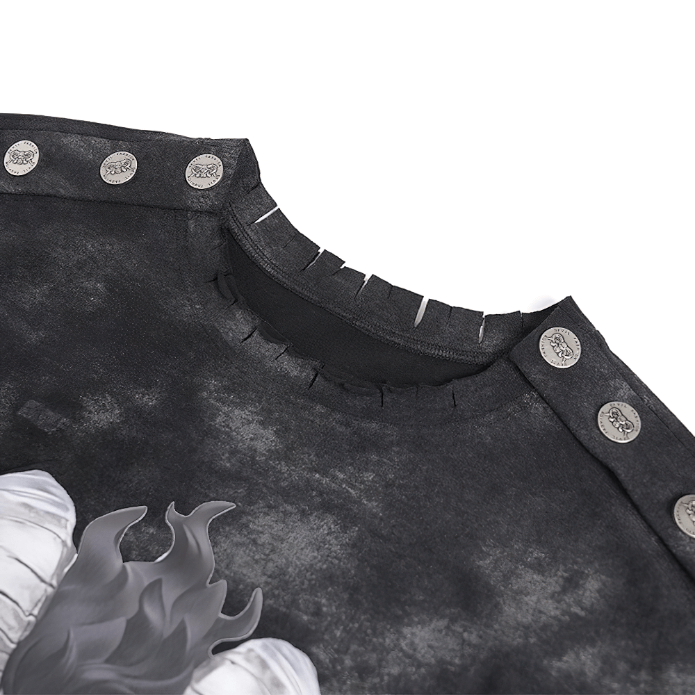 Close-up of distressed black t-shirt neckline with metal buttons and horned demon graphic design.