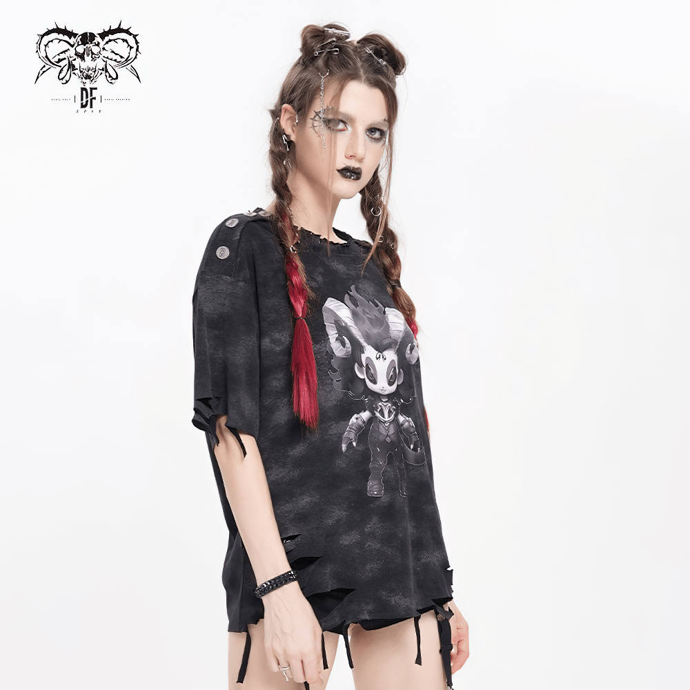 Distressed oversized tee with horned demon graphic, showcased on a model with edgy hairstyle and fashion.