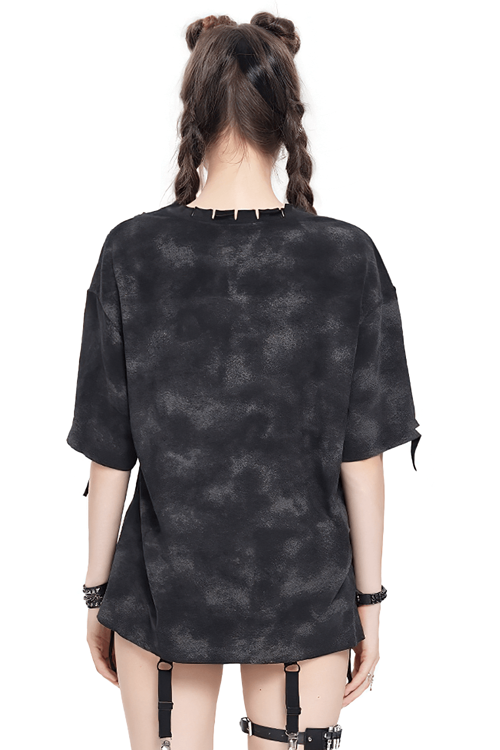 Back view of a distressed black oversized t-shirt with side ties, perfect for alternative streetwear.