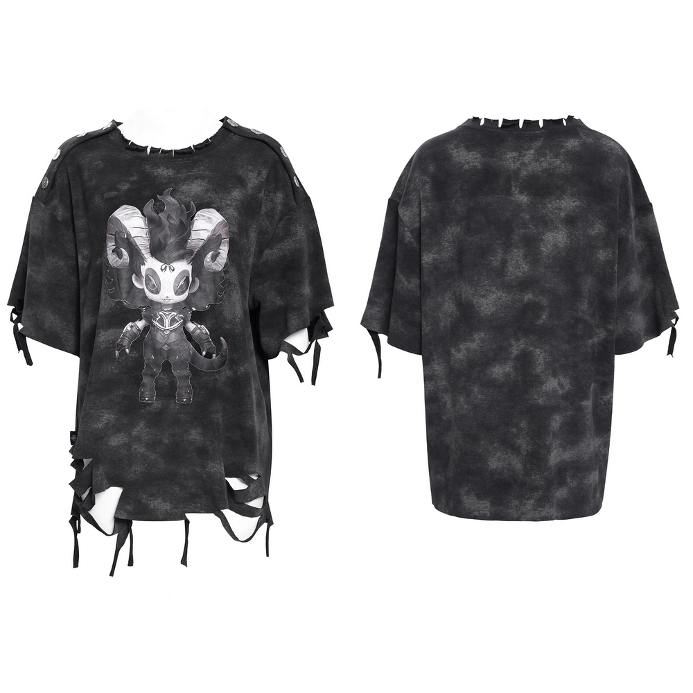 Distressed oversized black t-shirt featuring a horned demon graphic with ties and rips for alternative streetwear.