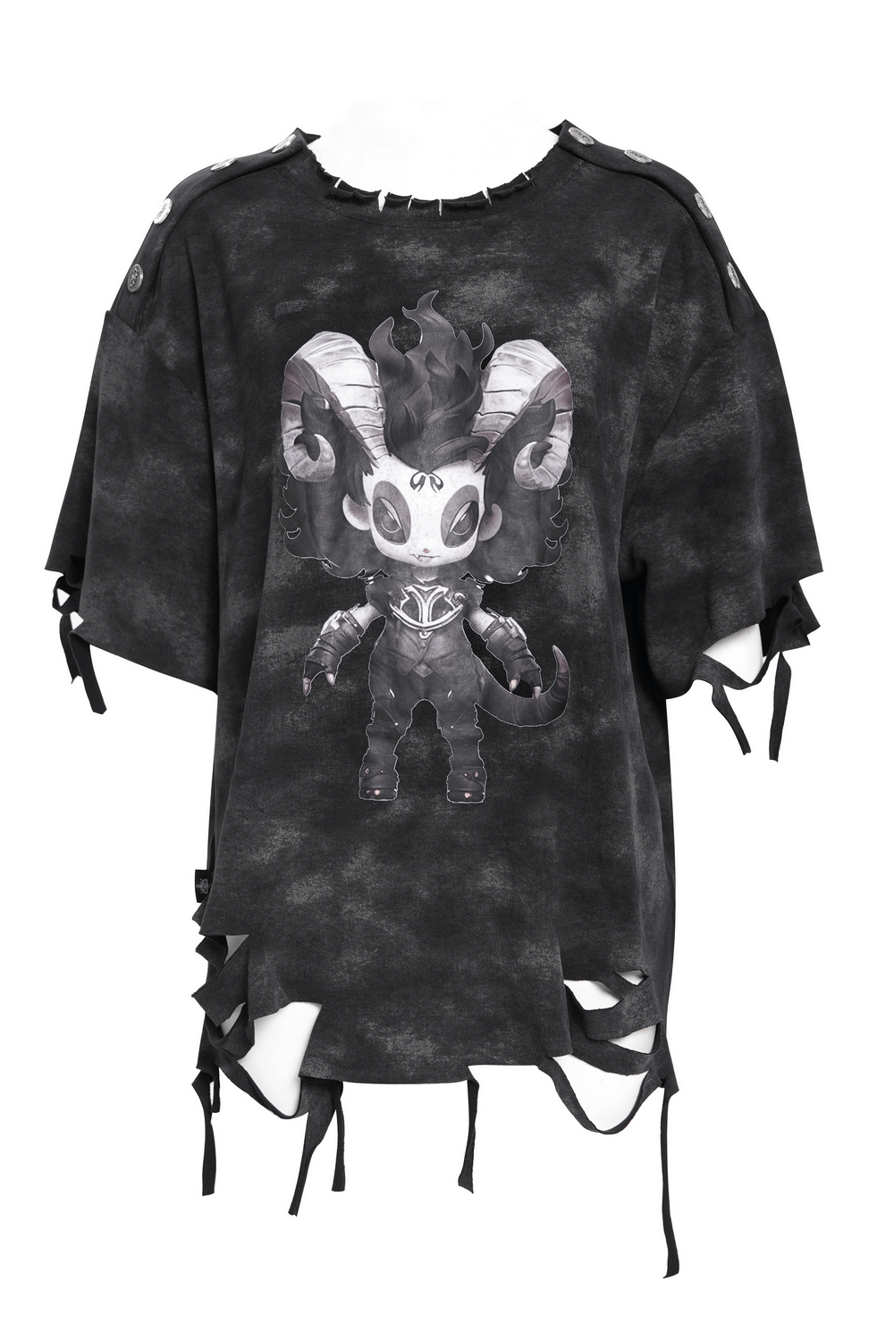 Distressed oversized graphic t-shirt featuring a horned demon print and ripped details for a grunge streetwear vibe.