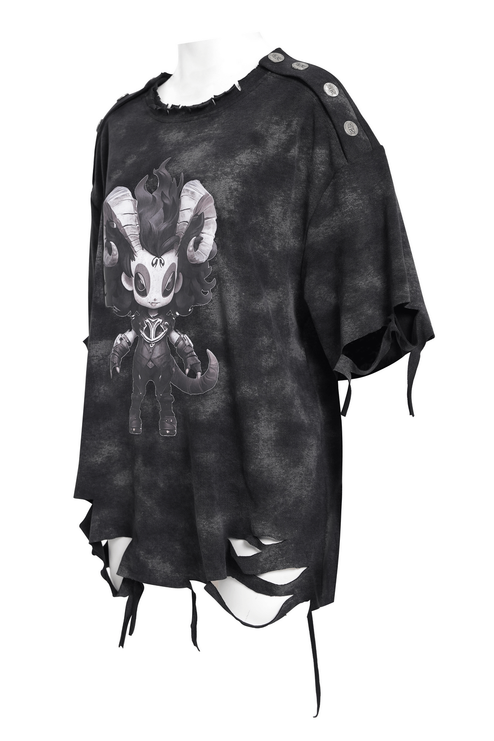 Distressed oversized Demon graphic t-shirt with ripped details and side ties, perfect for alternative streetwear.