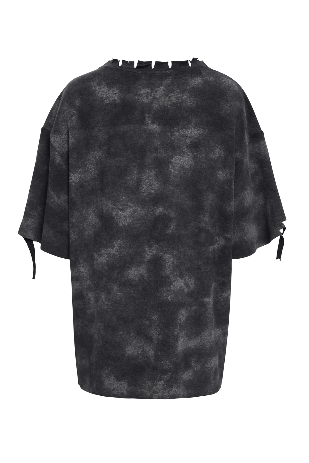 Back view of a distressed black oversized t-shirt with side ties, perfect for gothic alternative streetwear.