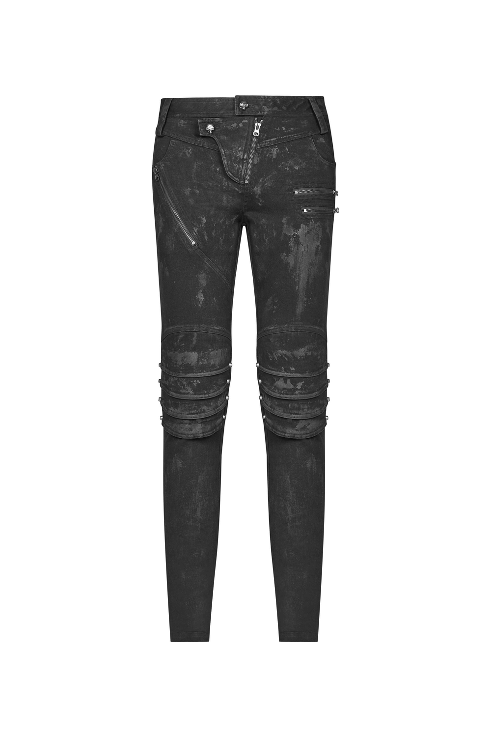 Distressed black denim jeans with knee armor detail, featuring a rugged design and edgy fit for a bold look.