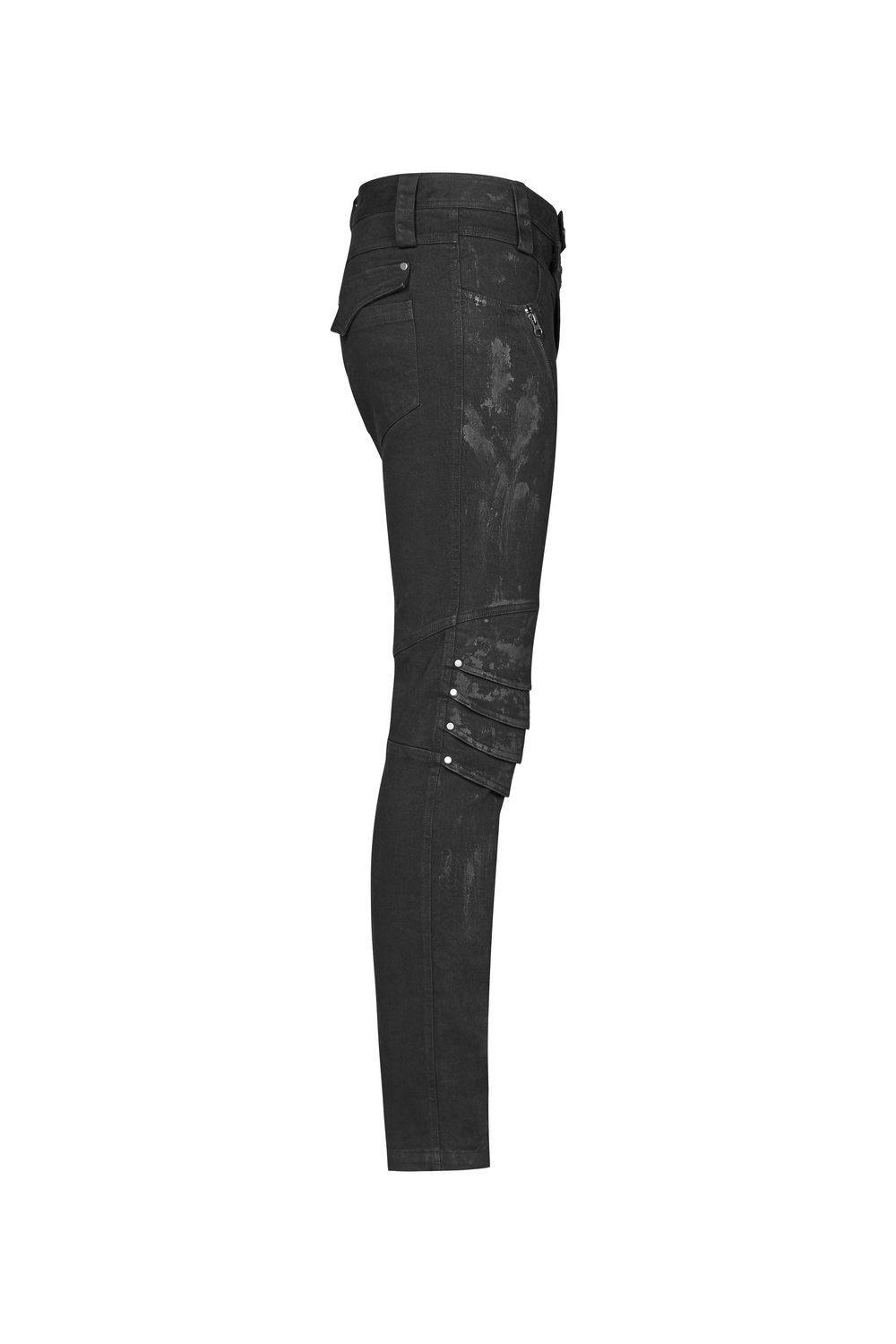 Side view of distressed denim jeans with knee armor details and edgy fit, perfect for standing out in style.