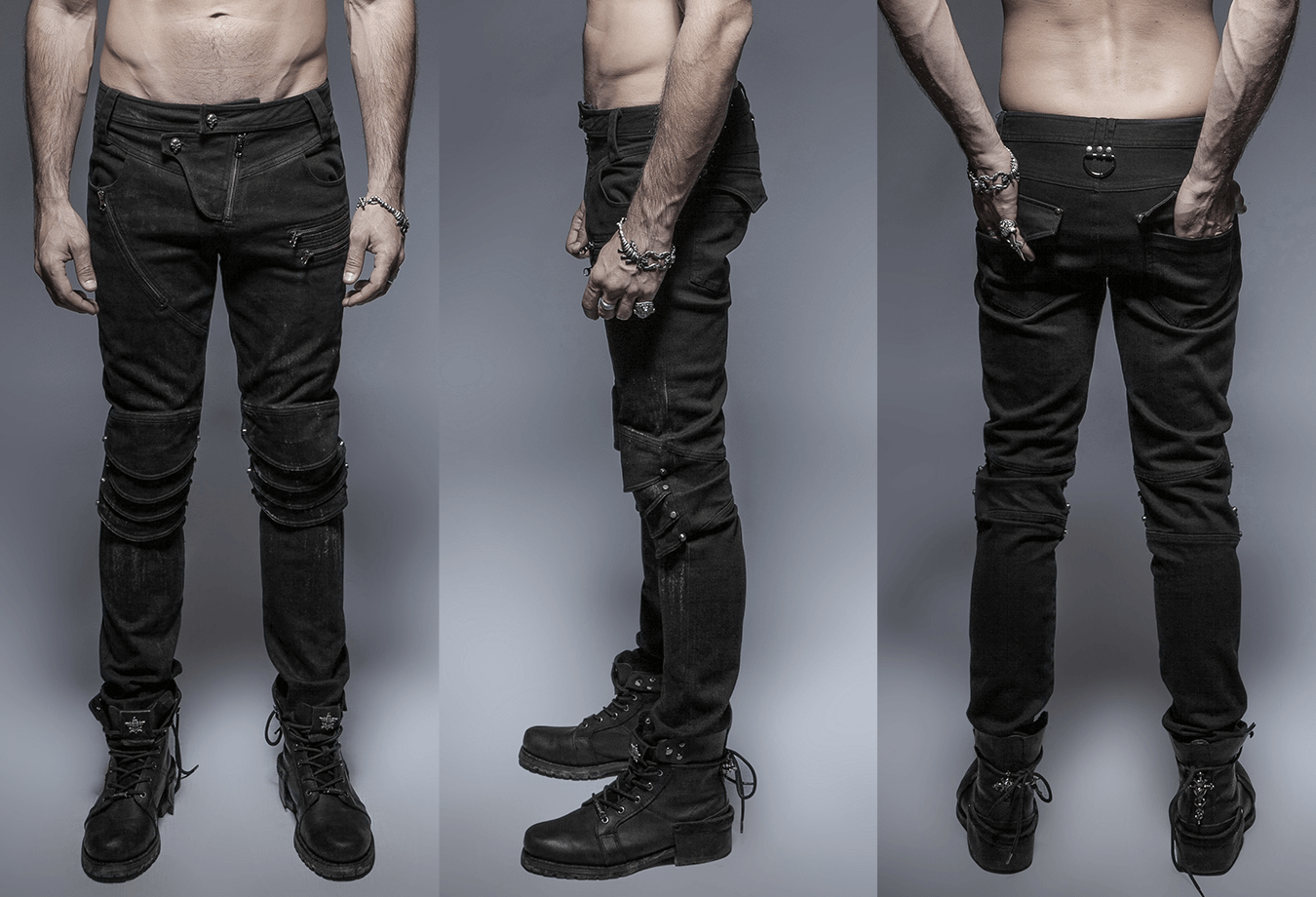 Distressed Denim Jeans with Knee Armor Detail