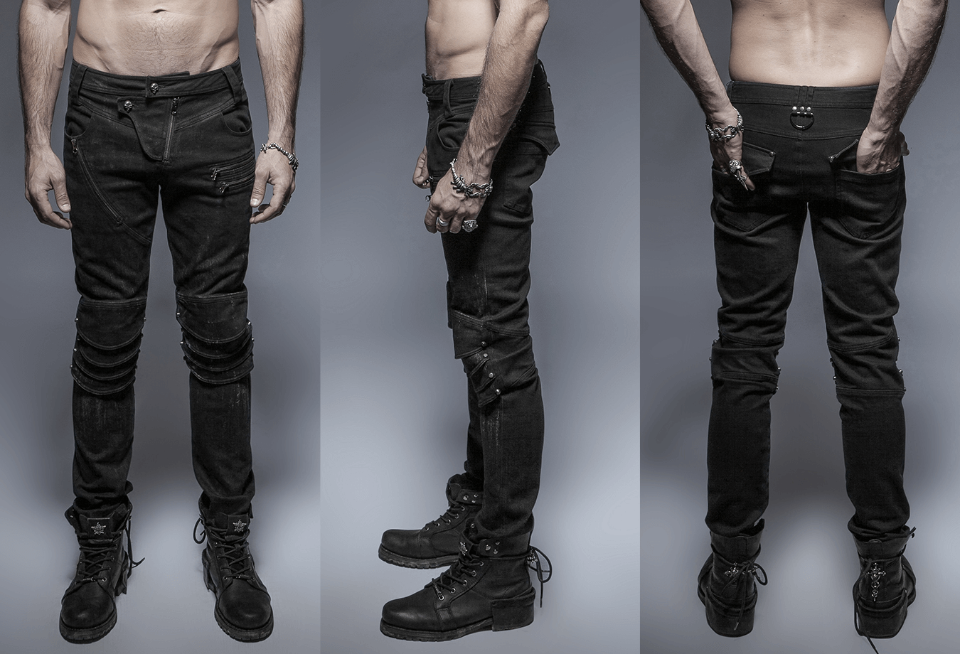 Rugged black distressed denim jeans with unique knee armor detail, showcasing a punk-inspired edgy style.