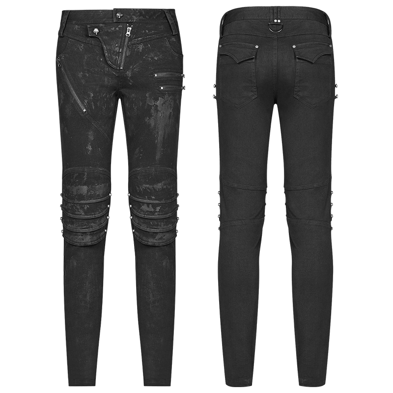 Distressed black denim jeans with knee armor detail for a punk-inspired edgy look.