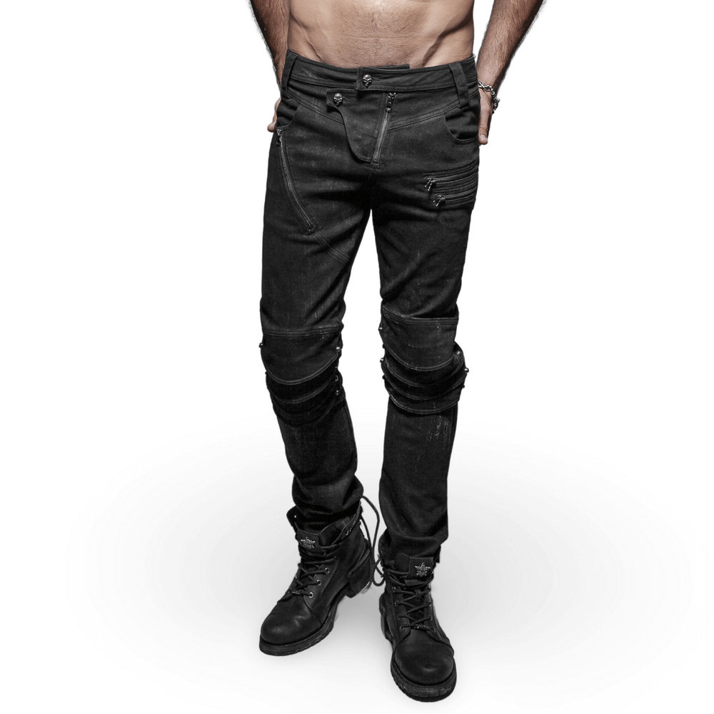 Distressed Denim Jeans with Knee Armor Detail