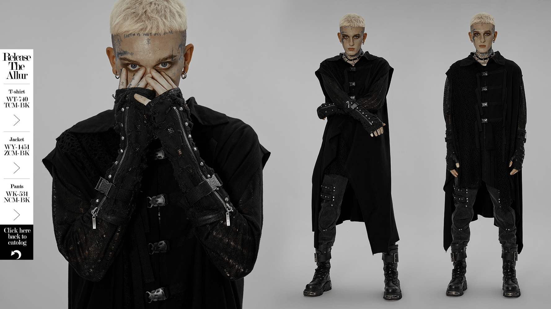 Stylish model showcasing distressed denim punk arm gloves with gauze, side zipper, and metal buckles.