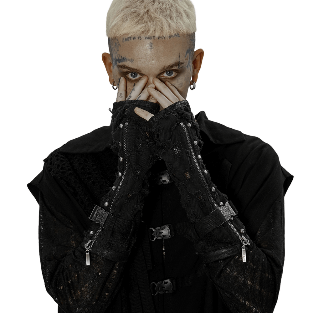 Distressed denim punk arm gloves with gauze, featuring zippers and metal buckles, perfect for edgy fashion lovers.