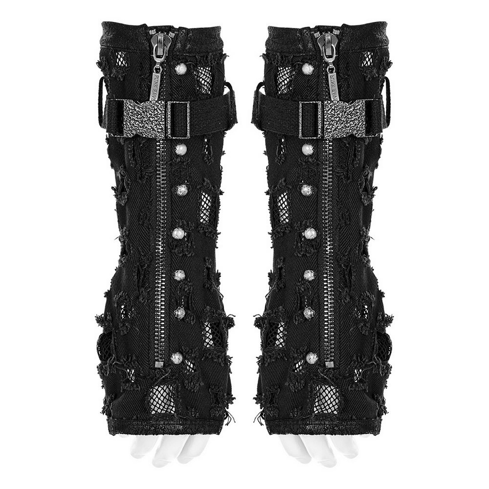 Distressed denim punk arm gloves with zippers and metal details for men, perfect for a bold fashion statement.