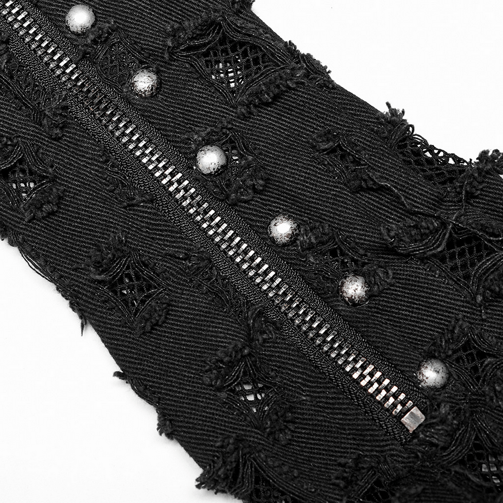 Ripped denim punk gloves with zipper and metal buckles, showcasing edgy style and unique gauze accents.