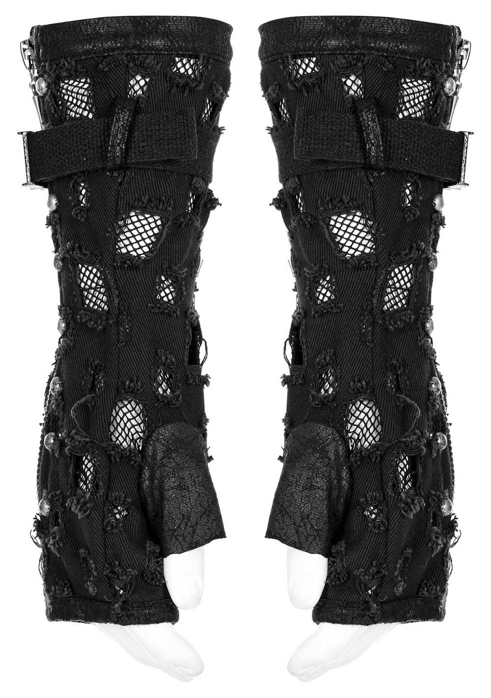 Distressed denim punk arm gloves with gauze for men, featuring fingerless design and metal buckles.