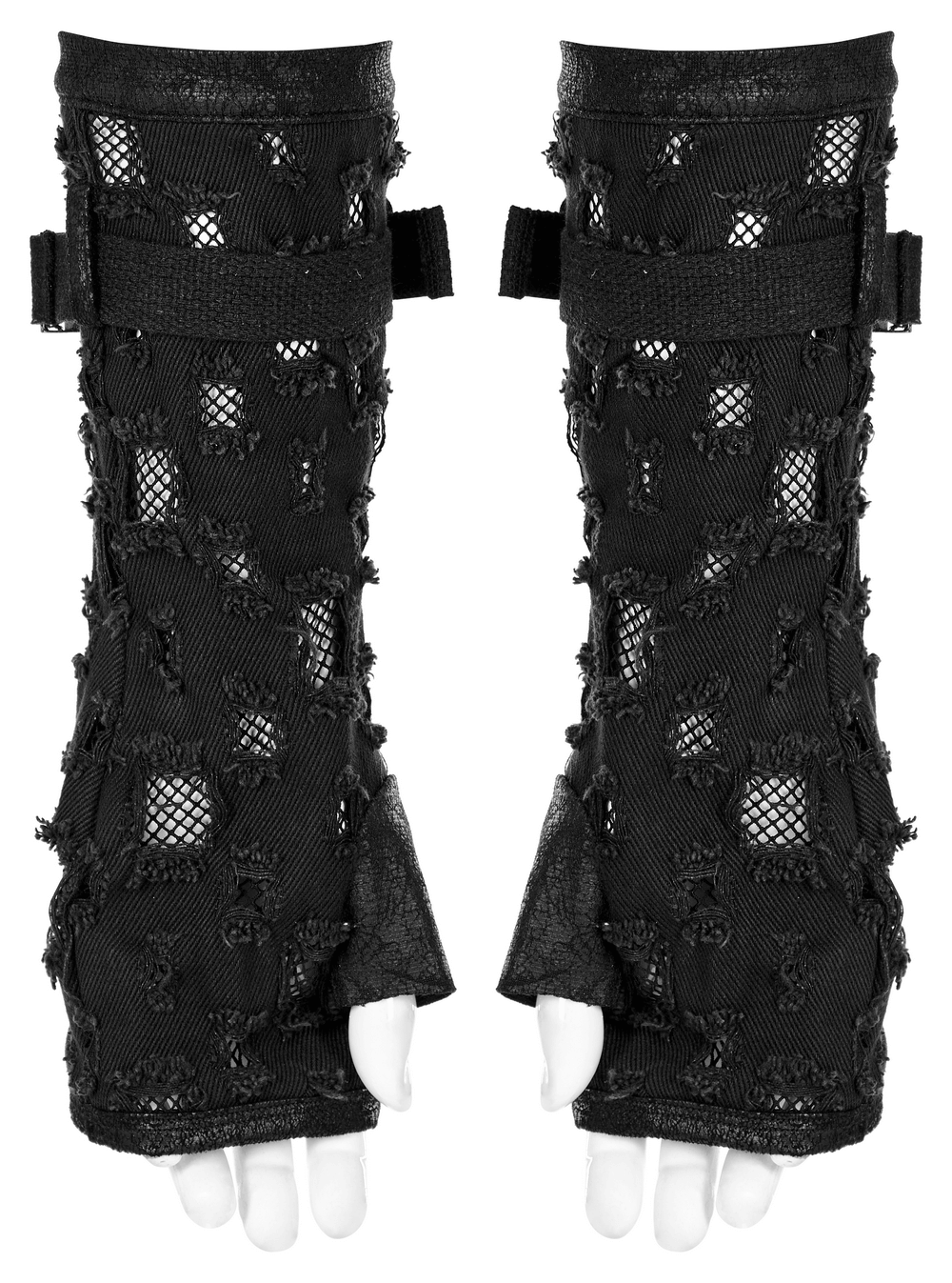 Distressed denim punk arm gloves for men with gauze and zippers, perfect for bold, fearless fashion adventures.
