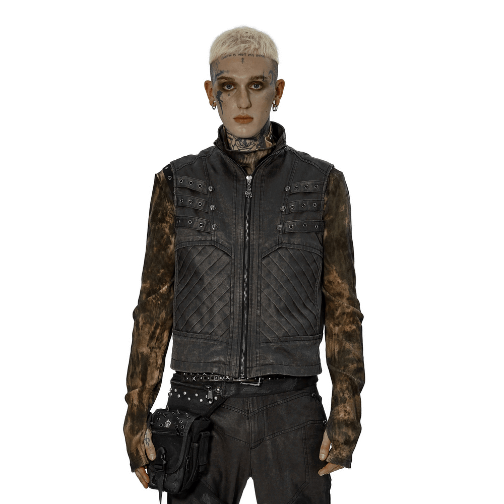 Distressed Gauze-Lined Zipper Fit Men's Waistcoat - HARD'N'HEAVY