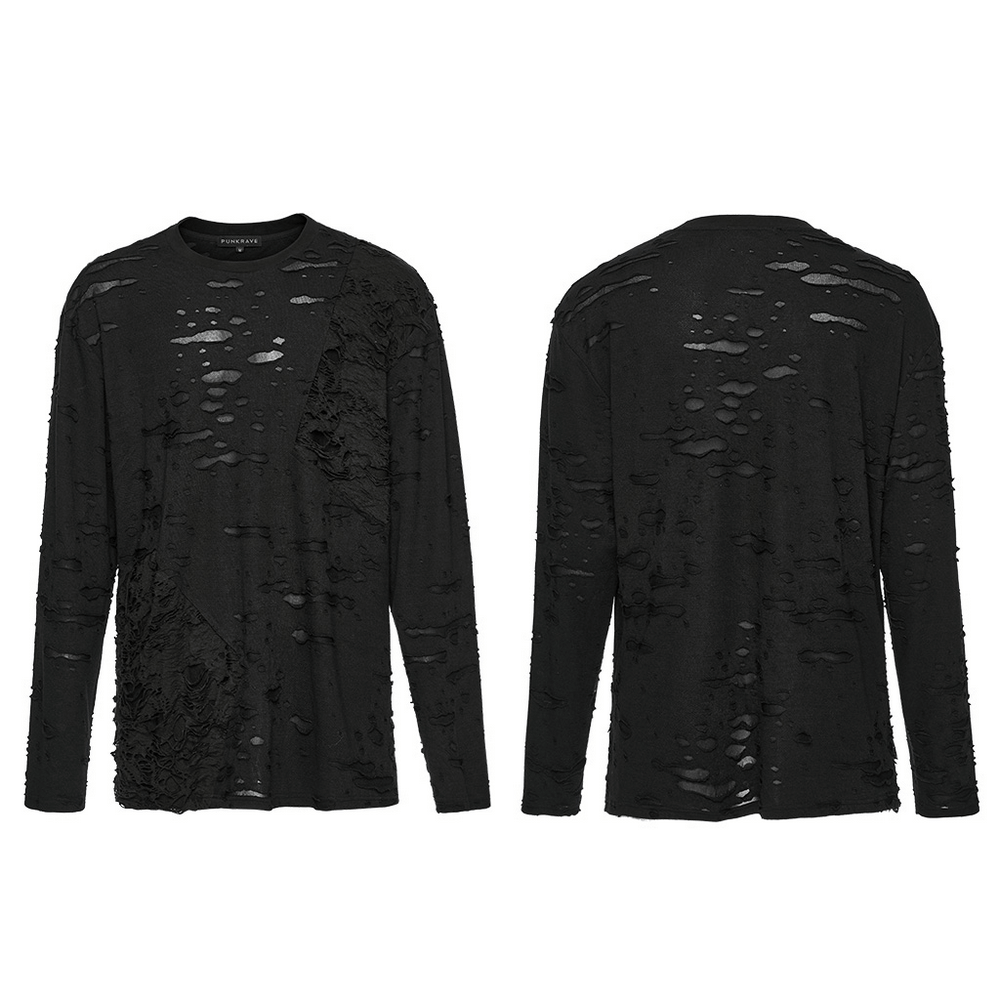 Distressed Gothic Knit Top with Layered Tattered Design in black, featuring a rebellious and casual silhouette.