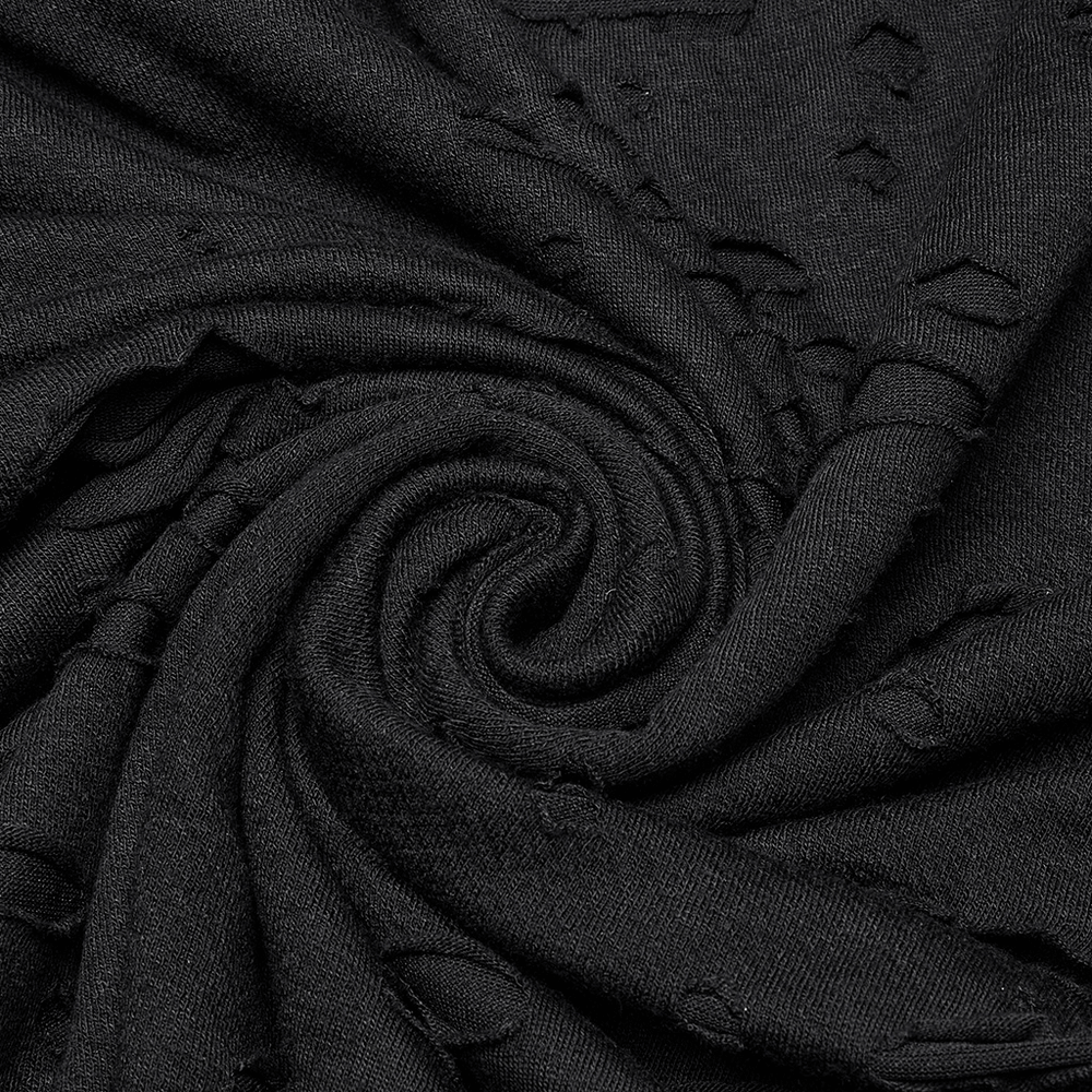 Close-up of distressed black knit fabric with tattered texture, ideal for gothic fashion and edgy style designs.