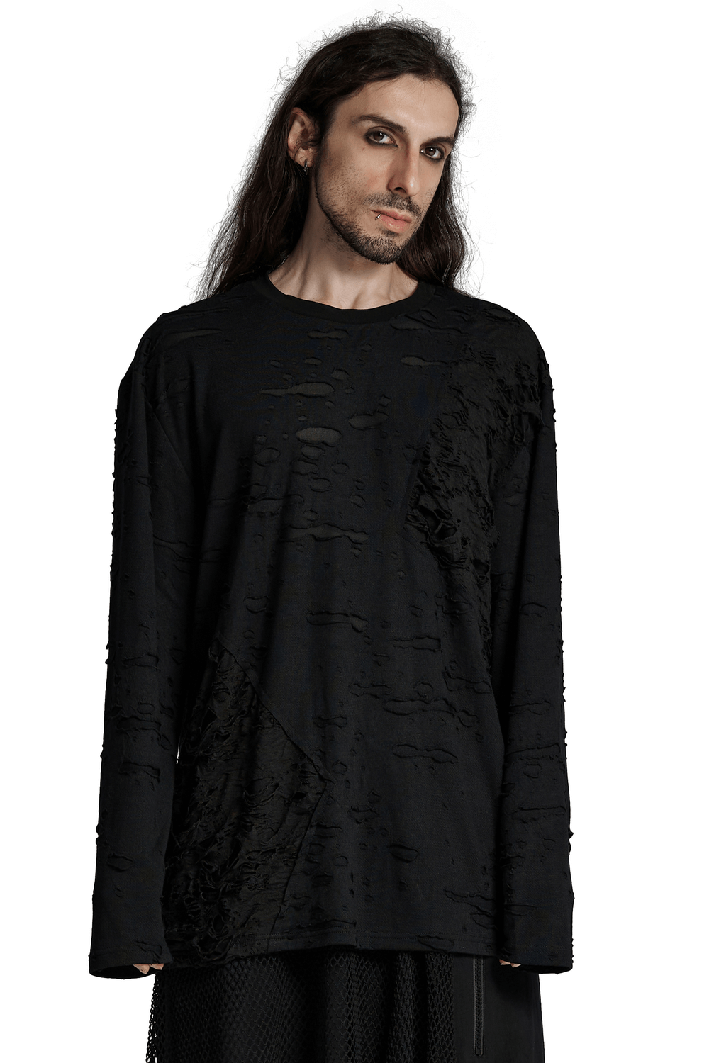 Distressed Gothic knit top with tattered design and diagonal splicing, worn by model, ideal for punk-inspired fashion.