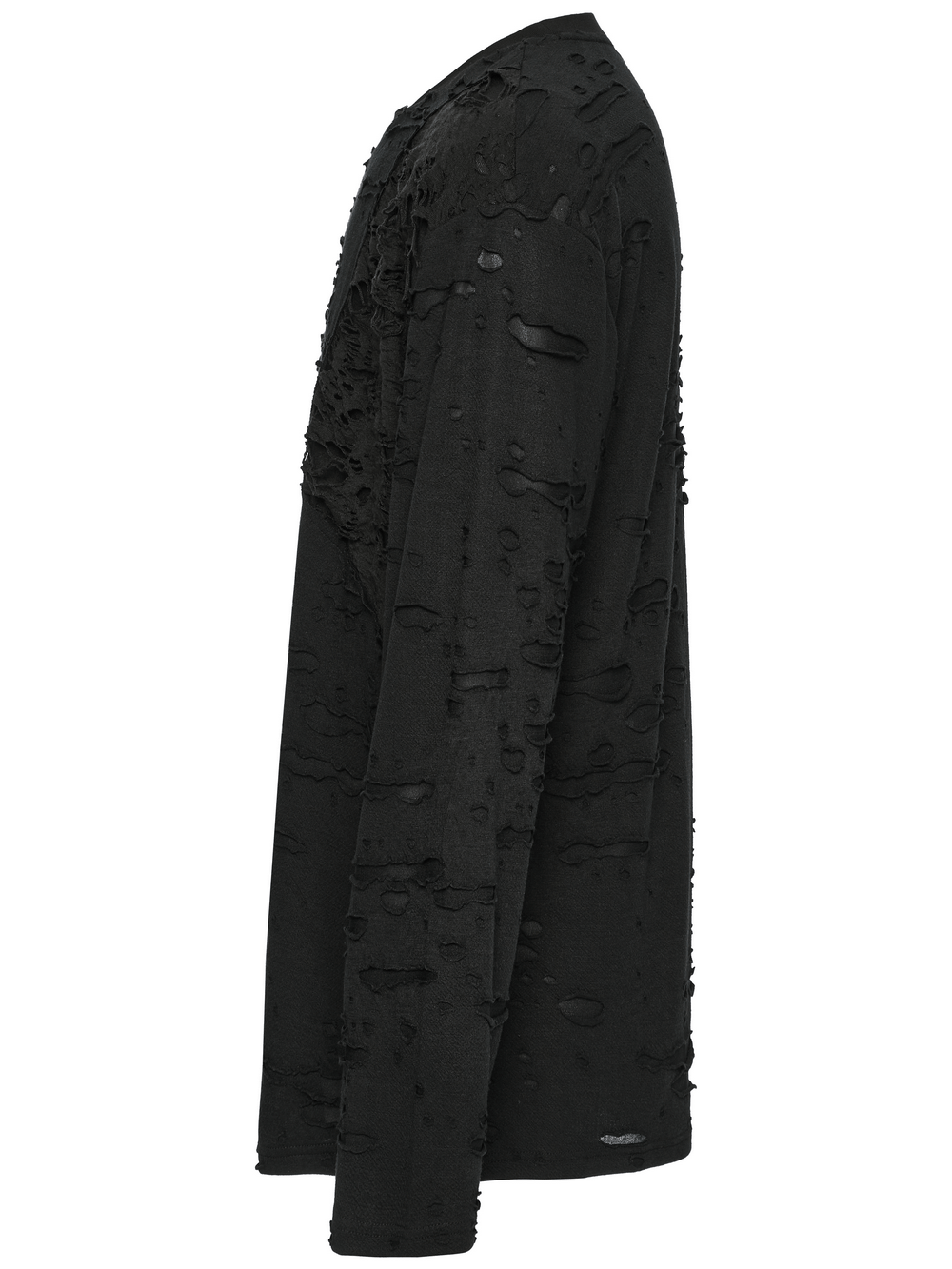 Distressed Gothic Knit Top with layered tattered design in black, featuring rebellious textures and loose casual silhouette.