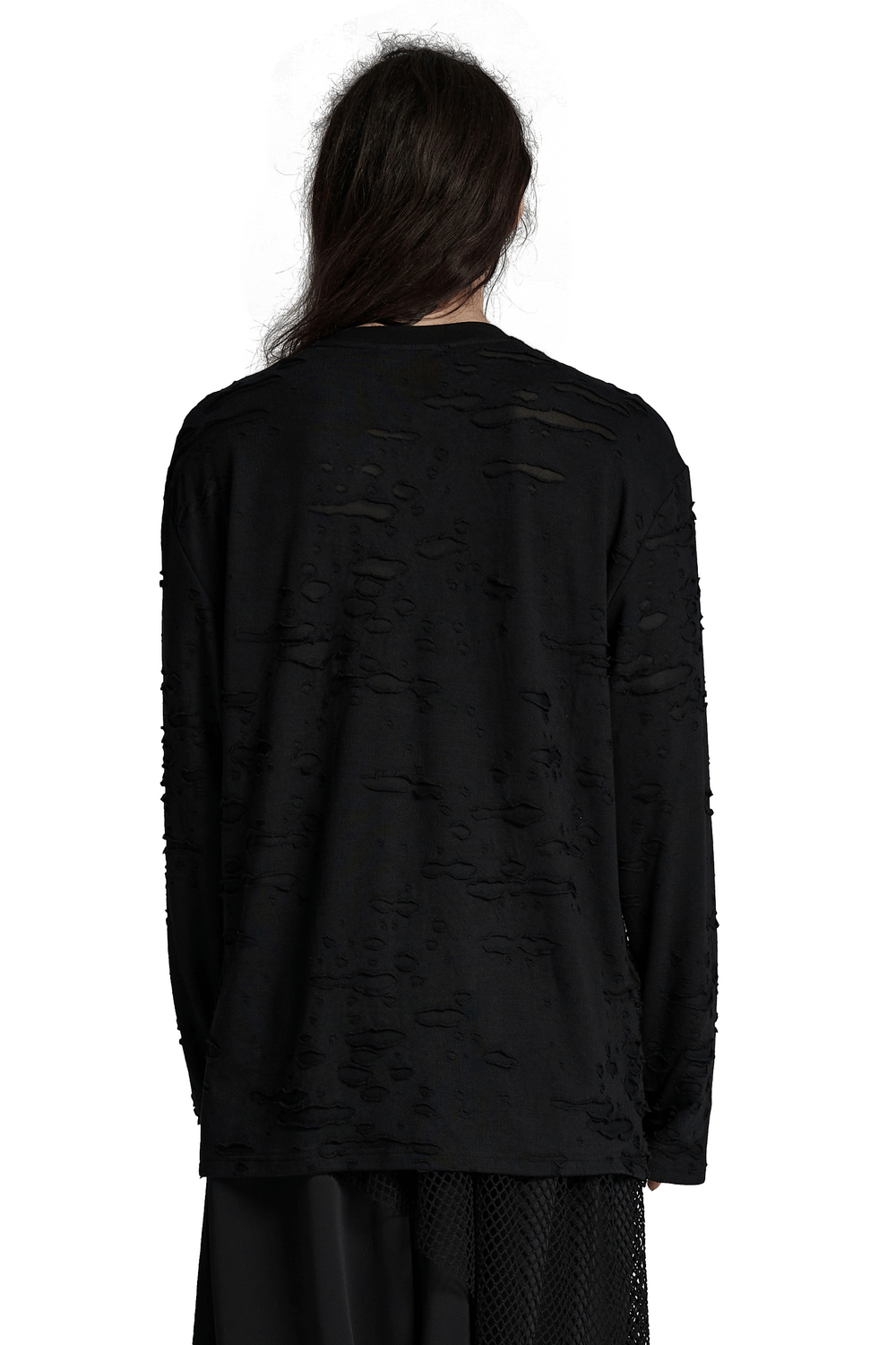 Distressed Gothic Knit Top with tattered design, back view, showing loose long sleeves and textured fabric for edgy fashion.