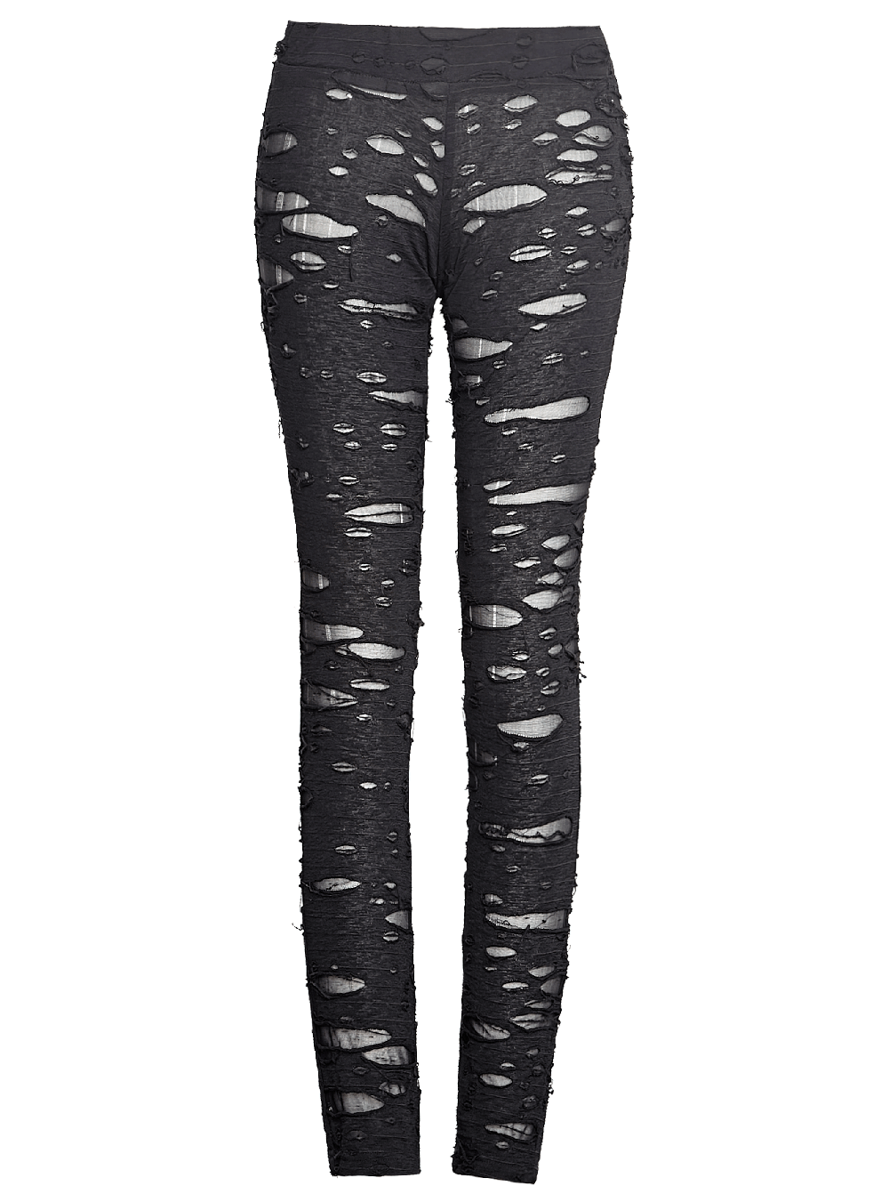 Black distressed gothic leggings with mesh panels and ripped details for a bold, rebellious style.