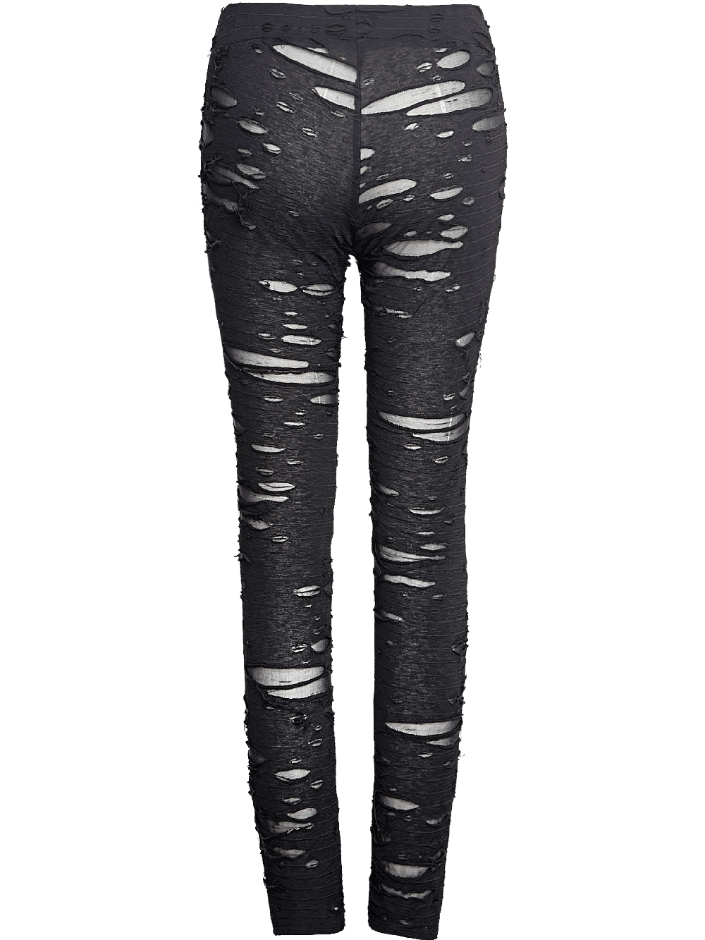 Distressed gothic mesh-panel leggings for women with ripped details, perfect for a bold punk look.