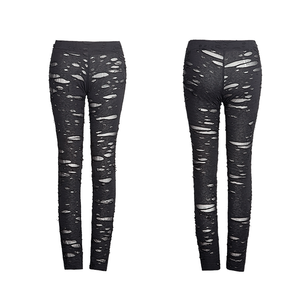 Distressed gothic mesh-panel leggings for women showcasing edgy ripped details and high-waisted design.