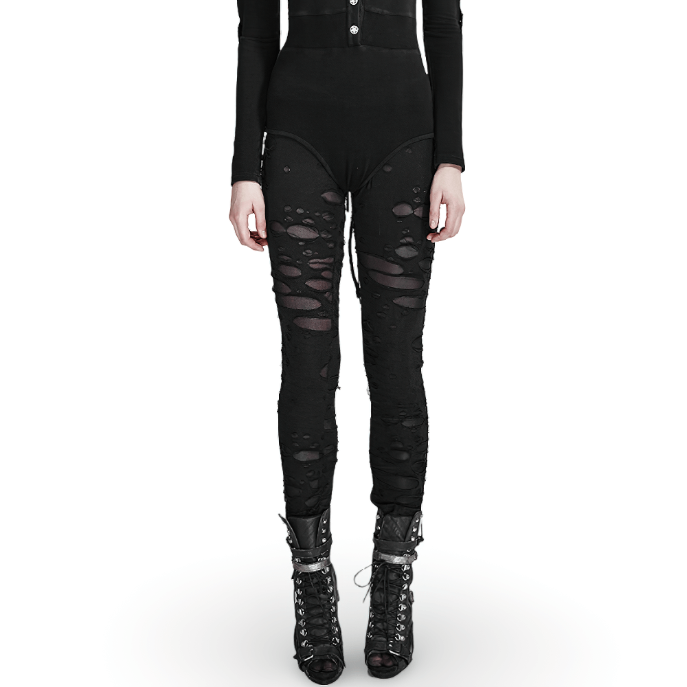 Gothic distressed mesh-panel leggings for women, featuring ripped details, high-waisted cut, and a bold punk vibe.
