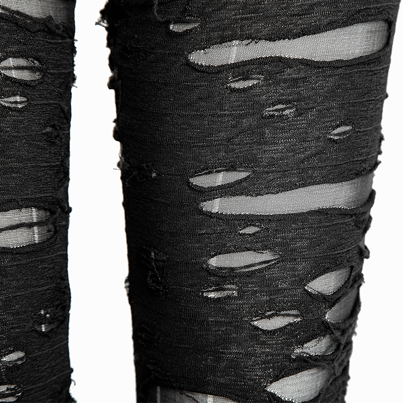 Distressed gothic mesh leggings with bold shredded details for a rebellious look.
