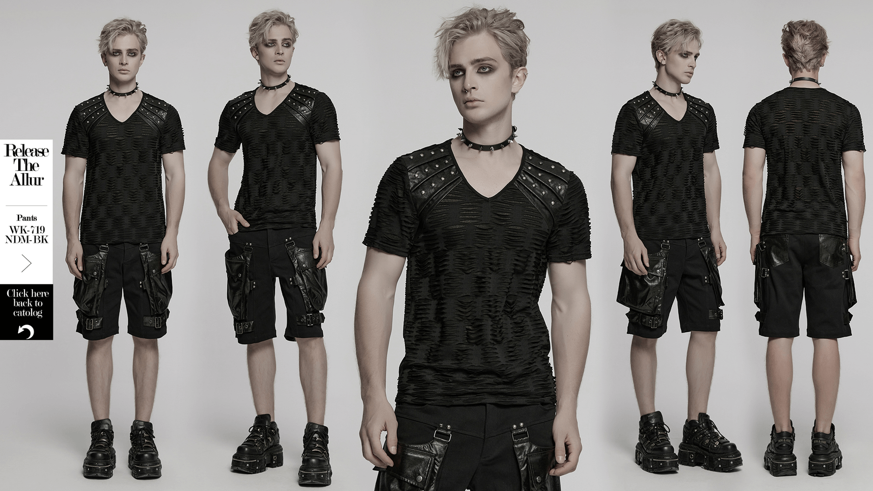 Men's distressed gothic T-shirt with rivet shoulder detail, perfect for punk fashion lovers.