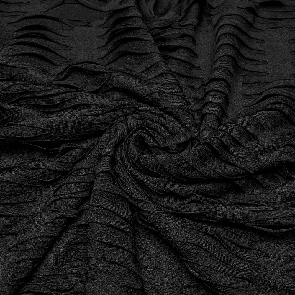 Textured black fabric featuring wavy ridges, perfect for gothic punk fashion and adding unique flair to garments.