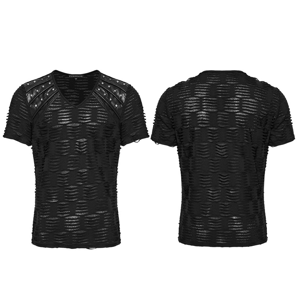 Distressed gothic punk t-shirt with rivet shoulder details and tattered knit fabric for bold alternative style.