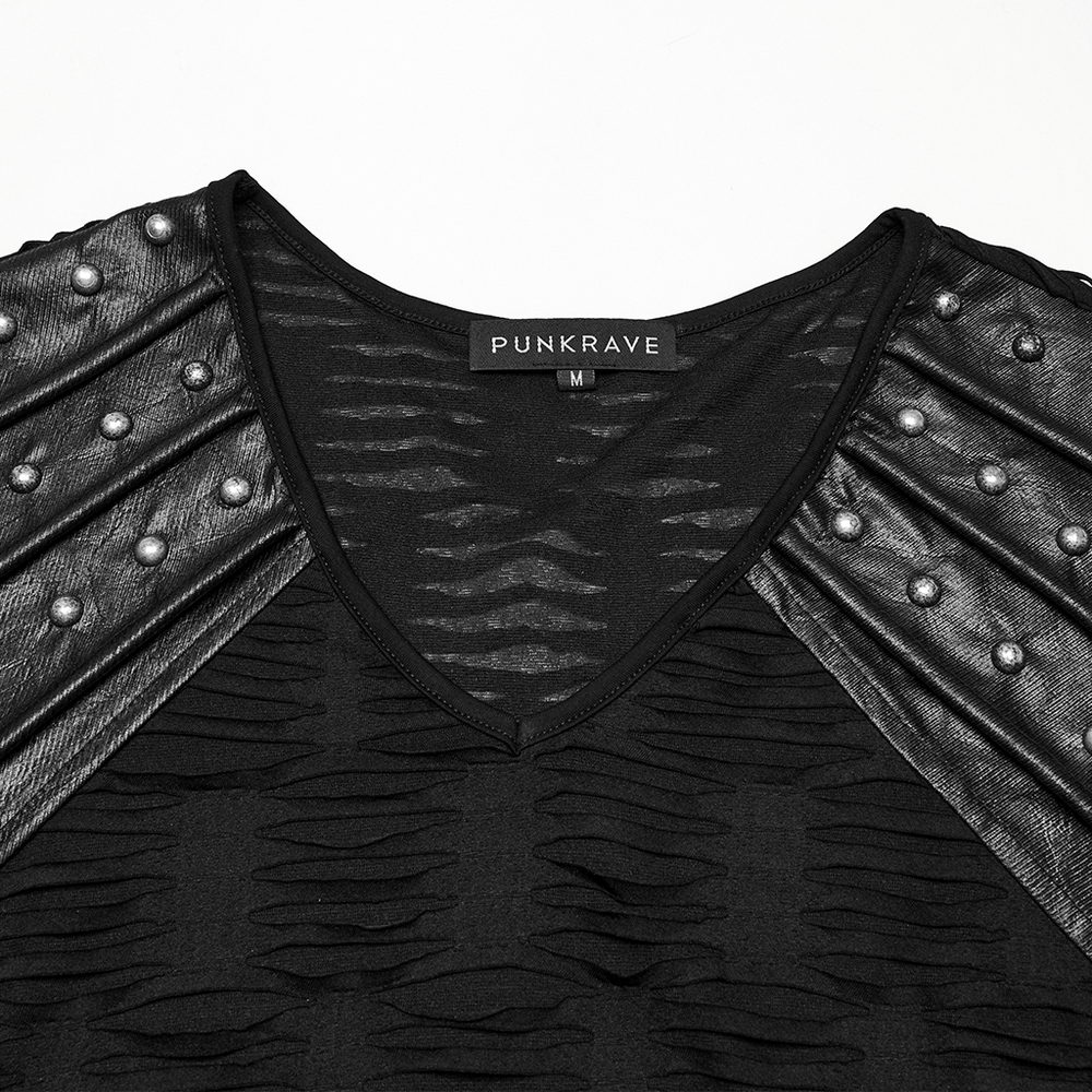 Distressed gothic punk t-shirt with rivet shoulder detail for alternative fashion lovers, featuring a bold edgy design.