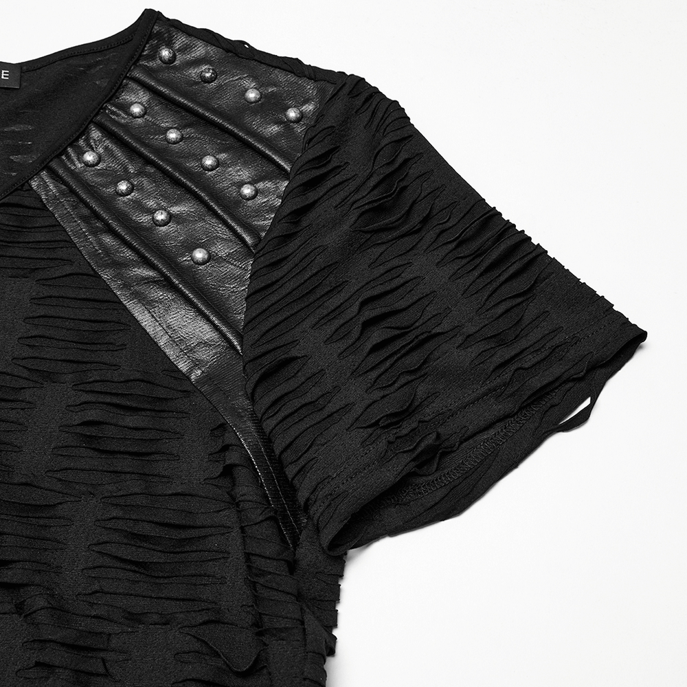 Distressed Gothic T-Shirt featuring rivet shoulder detail and tattered knitted fabric for bold punk style.