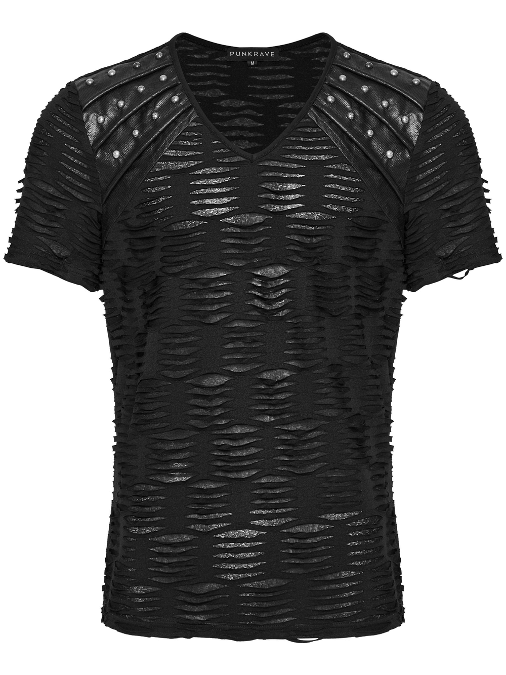 Distressed Gothic T-Shirt with rivet shoulder detail for punk fashion lovers in edgy black knitted fabric.
