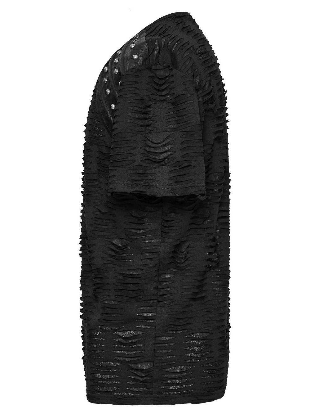 Side view of distressed gothic men's T-shirt with rivet shoulder detail and twill leather accents.
