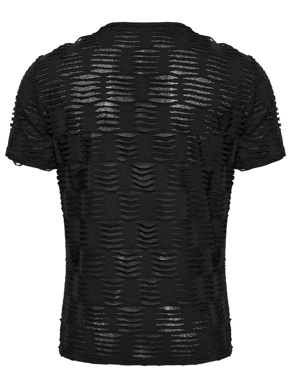 Distressed black gothic T-shirt featuring tattered design and 3D striped detailing for punk style.