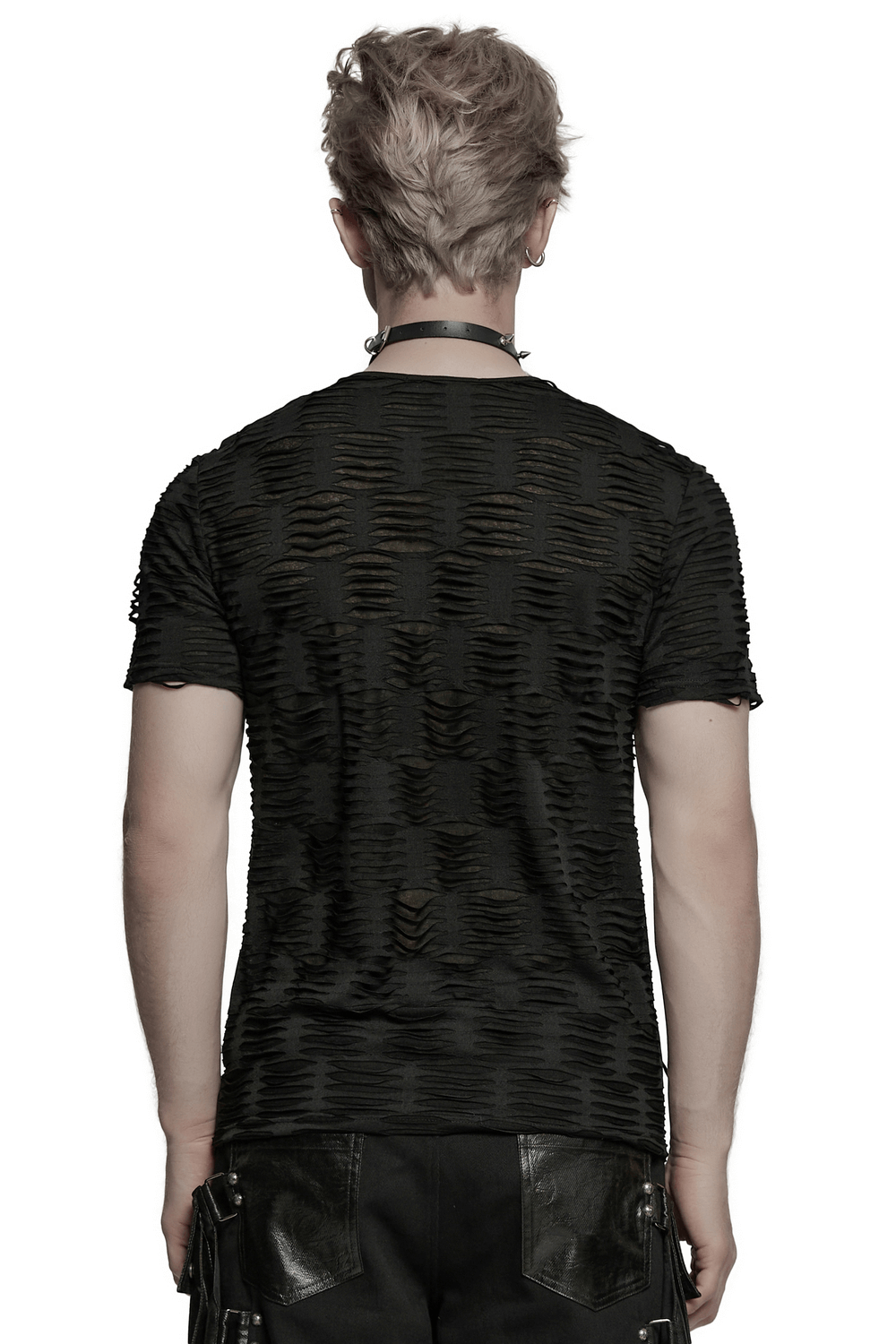 Back view of a distressed gothic T-shirt featuring rivet shoulder detail and tattered knitted fabric.
