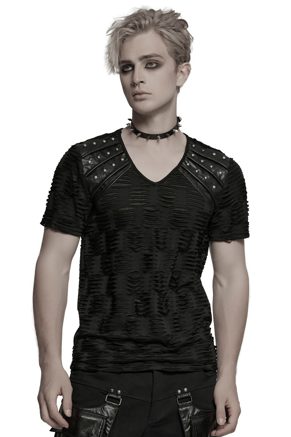 Punk styled men's gothic T-shirt with rivet shoulder details and twisted fabric for an edgy alternative look.