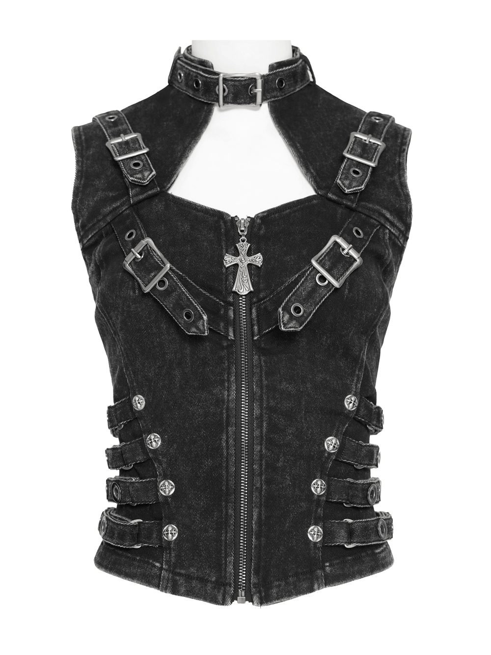Distressed Gothic Vest With Buckle Strap Detail featuring buckle straps, choker collar, and cross pendant zipper.
