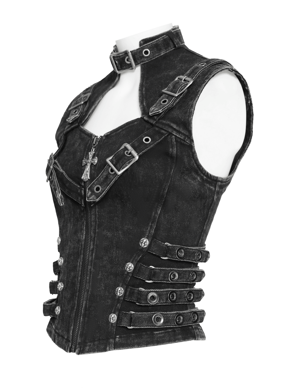 Distressed Gothic Vest With Buckle Strap Detail featuring side buckles and choker neckline for punk styling.